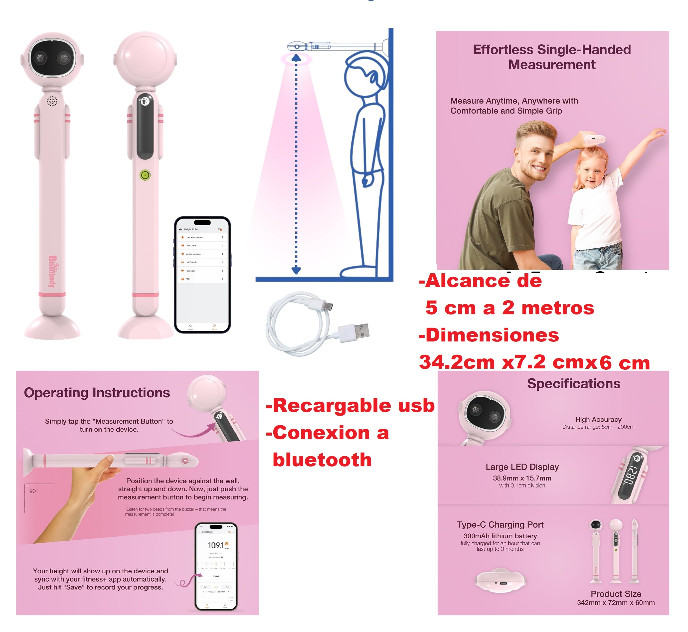 MEDIDOR DE ALTURA DIGITAL TALLIMETRO RECARGBLE CON BLUETOOTH